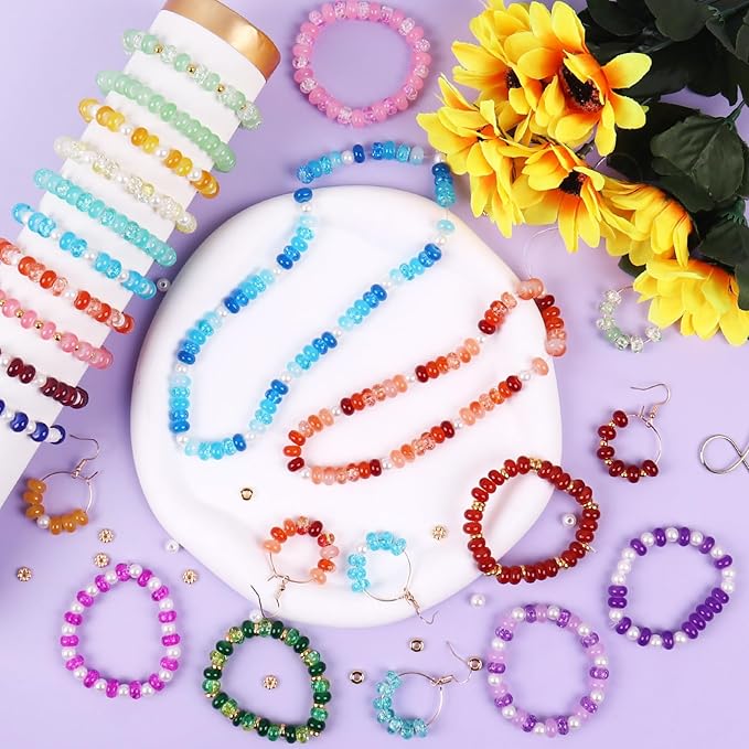 1380pcs Rondelle Glass Beads for Jewelry Making, 48 Colors Abacus Glass Beads for Bracelet,5x8mm Bracelet Making Kit with Gemstone Spacer Rondelle Beads for DIY Crafts Gifts (2 Box)