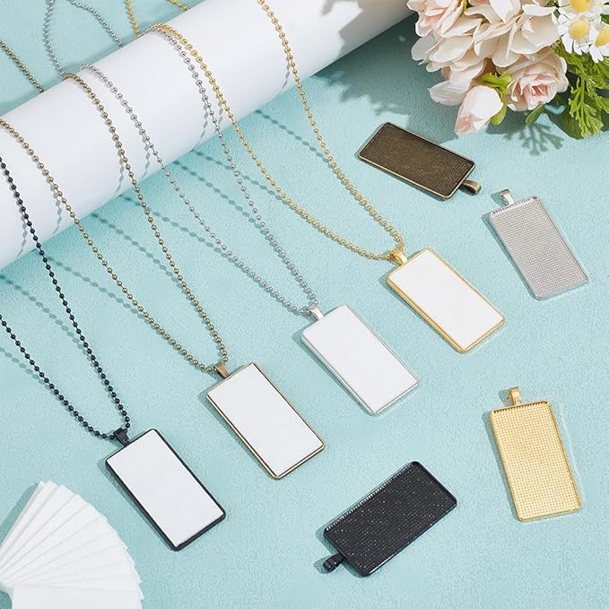 FREEBLOSS 12 Set Rectangle Bezel Pendant Trays Necklace Pendant Blank Frame for Embroidery Rectangle Pendants Tray Charm DIY Jewelry Making Kit for Necklace DIY Embroidery