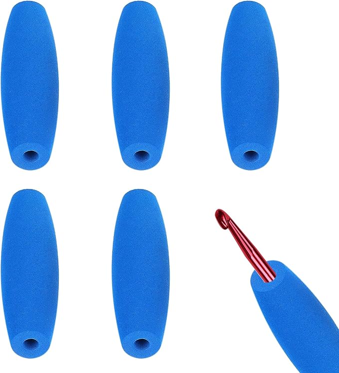 HEYLEAYAR Blue Crochet Hooks Grips, 5Pcs Ergonomic Crochet Hook Handle, Foam Grip Handle Crochet Accessories Fits 8mm to 10mm Crochet Needles