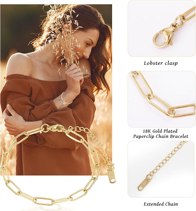 Wurosi 30PCS Paperclip Charm Bracelets Chain for Jewelry Making,6.3Inch 18K Gold Plated Bracelet Chain DIY Charm Bracelet Kit with Lobster Clasps(Gold)