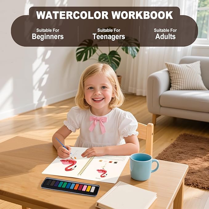 Metyond Watercolor Workbook - Watercolor Coloring Book with 1 Workbook 12 Colors Paint Set with Brush, Beginner Friendly Watercolor Workbooks Set Gift for Adults Teens (Tropical)
