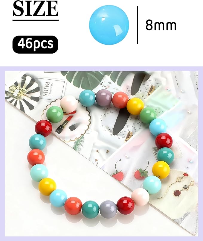 8mm Glass Beads 46PCS Glass Beads for Jewelry Making Charm Round Loose Bead for Bracelet Making Kit (Light Lake Blue Jade)