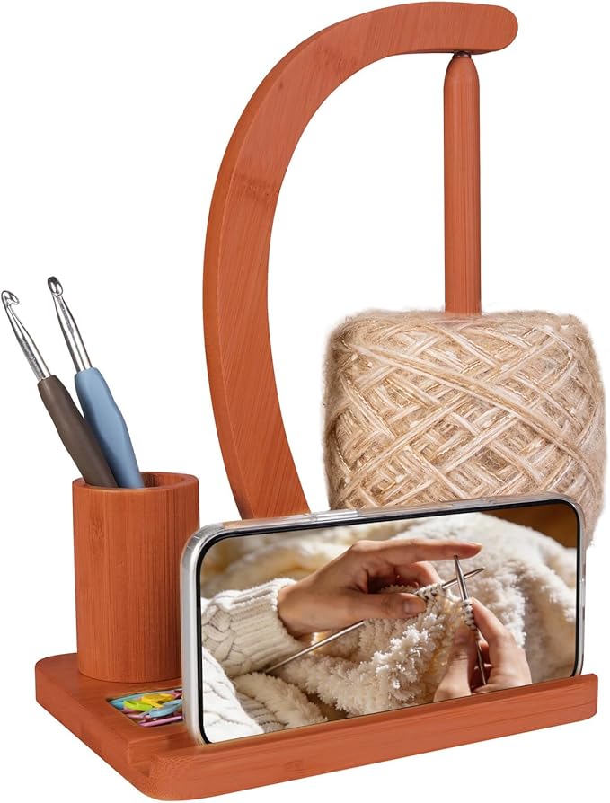 SPEENSUN Crochet Yarn Holder, Bamboo Yarn Holder Spinner with Magnetic Rotating Anti-Tangle Design, 1.1lbs Capacity, 3-in-1 Storage for Hooks/Markers, Phone Stand, Best Crochet Accessories Gifts