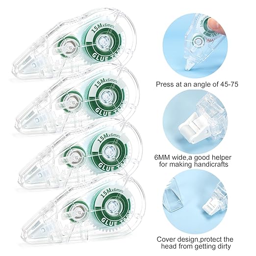 4 Pack Double Sided Tape Roller, Scrapbook Supplies, Glue Tape Roller for Crafts, Double-Sided Adhesive Tape Runner for Scrapbooking, School Office Journaling Supplies (0.24 inch X 49 feet)