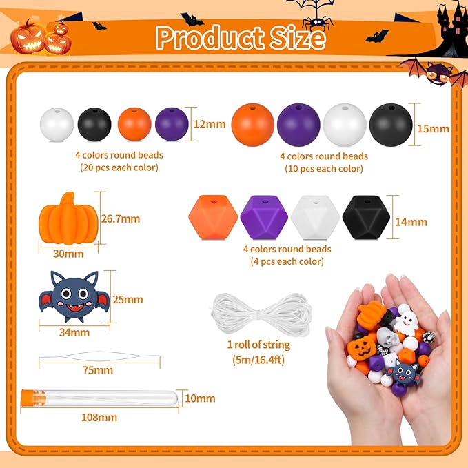 145 PCS Halloween Silicone Beads Kit - Round Loose Beads with Pumpkin Skull, Ghost, Bat & Polygonal Pastel Shapes for Home Decor, Crafts & Jewelry Making