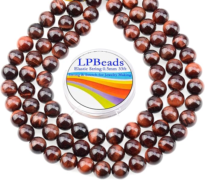 LPBeads 80Pcs Polished 10mm Round Natural Red Tiger Eye Gemstone Loose Beads with Stretch Cord for Jewelry Making Bracelets