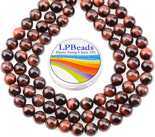 LPBeads 80Pcs Polished 10mm Round Natural Red Tiger Eye Gemstone Loose Beads with Stretch Cord for Jewelry Making Bracelets