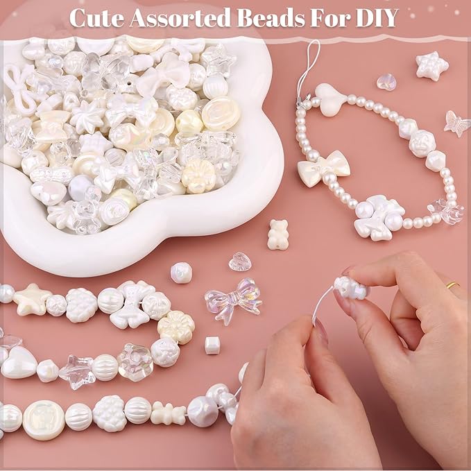 200-260pcs tinkrstuff assorted white acrylic beads for bracelet making, cute beads for jewelry making flower bow butterfly candy gummybear aesthetic bracelet charms,diy necklace keychain phone charm