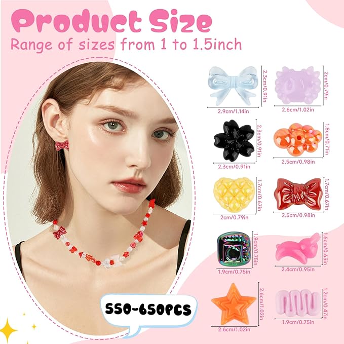 RYKOMO 550-650PCS Assorted Acrylic Beads Flower Sweetheart Butterfly Candy Acrylic Kawaii Aesthetic Cute Beads for Bracelets DIY Jewelry Making (10 Candy Colors)