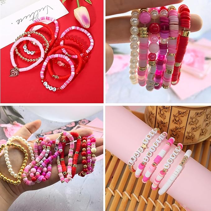 2220Pcs Valentine’s Day Beads for Jewelry Making, Pink Red Polymer Clay Beads Assorted Pearl Beads Acrylic Round Beads Valentines Bracelet Beads Heishi Flat Round Letter Beads Silver Gold Spacer Beads