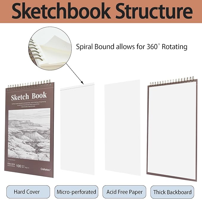Crehatos 9" x 12" Sketch Book, Top Spiral Bound Sketch Pad, 100 Sheets 68lb/100gsm Drawing Paper, 1 Pack