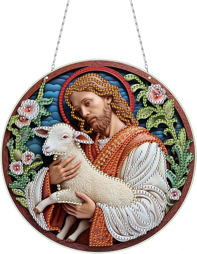 Generic DIY Hanging Diamond Pendant Special Shaped Crystal Diamond Art Painting Ornament Single Sided for Window Home Garden Wall Door Decor-Jesus