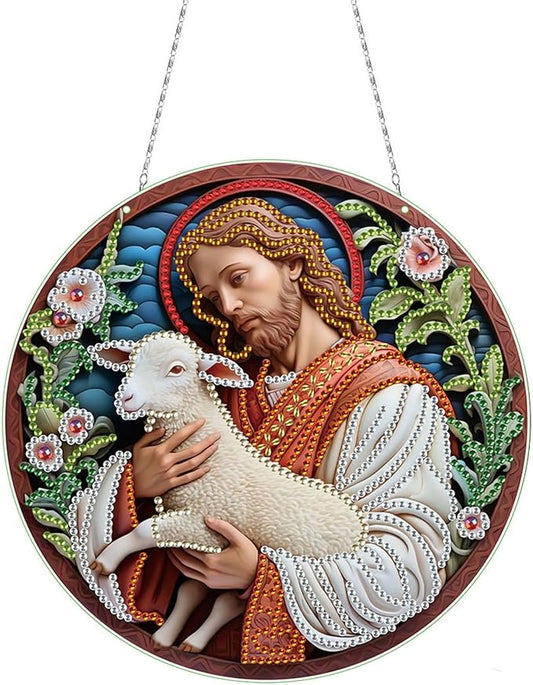 Generic DIY Hanging Diamond Pendant Special Shaped Crystal Diamond Art Painting Ornament Single Sided for Window Home Garden Wall Door Decor-Jesus