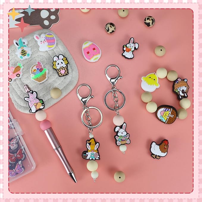 14pcs Easter Silicone Focal Beads, Round Silicone Beads for Keychain Making, Pens, Bracelet, Necklace Crafts (Pink, Easter)