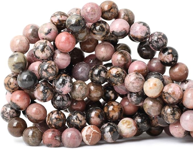 cheavian 35pcs 10mm natural black line rhodochrosite gemstone smooth round loose beads for jewelry making 1 strand 15"