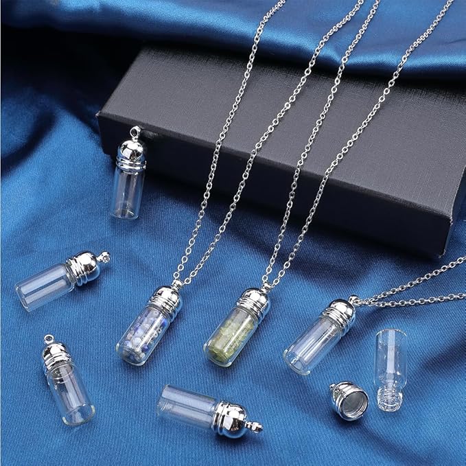 SUNNYCLUE 1 Box 10 Sets Glass Vial Necklace Making Kit Vial Necklaces Bulk Glass Bottle Charm Mini Wish Bottles for Jewelry Making Kits Memorial Keepsake Perfume Hair Mud Supplies