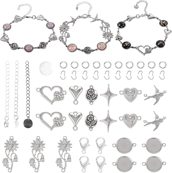 FASHEWELRY 167Pcs Bracelet Bezel Trays Setting Stainless Steel Blank Flat Round Cabochon Settings Bezel Tray with Glass Cabochons Connector Charms for Jewelry Making