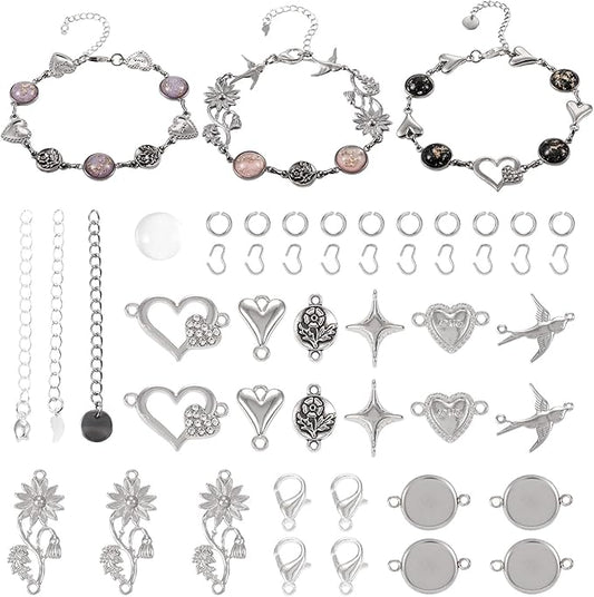 FASHEWELRY 167Pcs Bracelet Bezel Trays Setting Stainless Steel Blank Flat Round Cabochon Settings Bezel Tray with Glass Cabochons Connector Charms for Jewelry Making