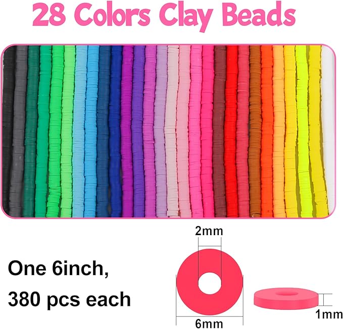 JMUQ 28 Strands Clay Beads Bracelet Making Kit, 28Colors Friendship Preppy Flat Polymer Clay Heishi Beads for Jewelry Making Kit, DIY Arts and Crafts Gifts