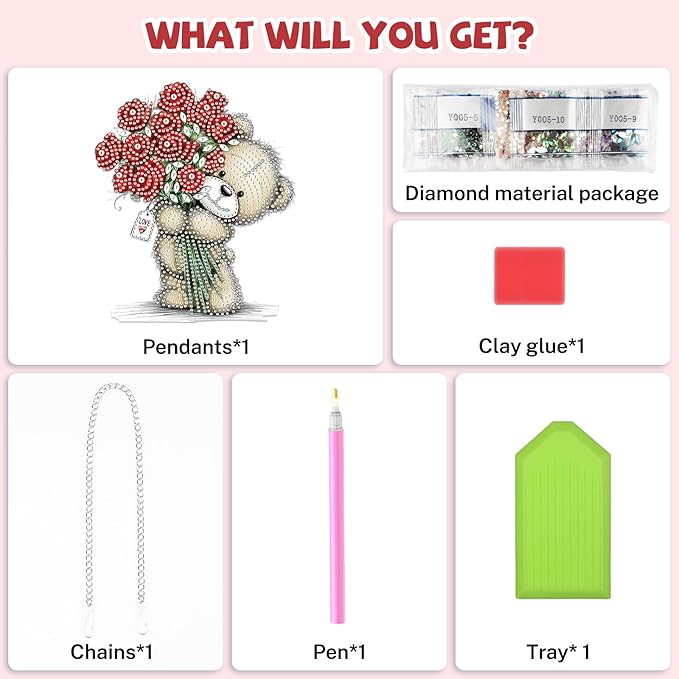 Bowetile Valentine's Day Diamond Art Hanging Kits for Adults, Diamond Art Suncatchers Bear, 5D Special Shape Diamond Painting Red Roses Pendant Window Ornament Gifts for Home Door Wall Decor