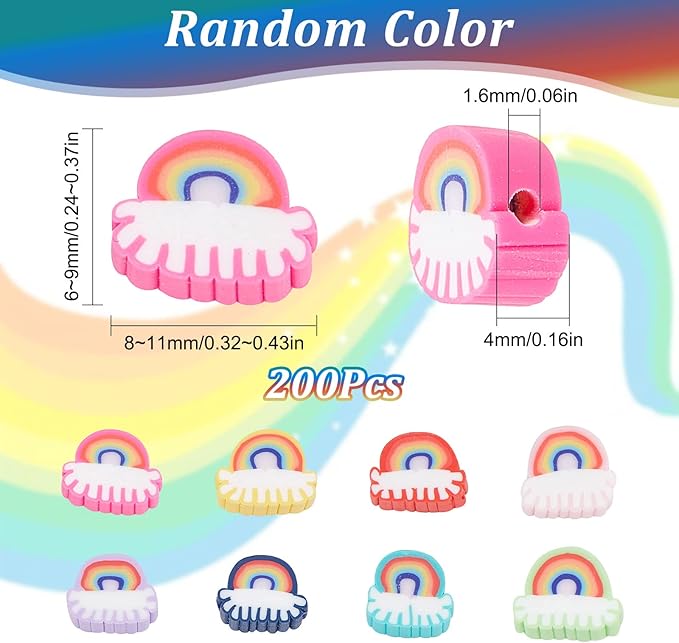 SUNNYCLUE 1 Box 200Pcs Rainbow Beads Handmade Polymer Clay Bead Rainbow Shaped Focal Colorful Flat Back Beaded Loose Spacer for Jewelry Making Kit Beading Bracelet Necklace Supplies