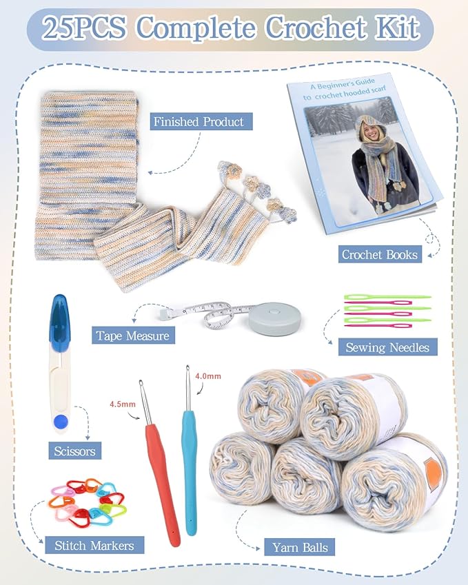 Coopay Crochet Kit for Beginners, Crochet Kits for Adults - 4 Basic Stitches to Complete Hooded Scarf, Perfect for Crocheting Hooded Scarf with Step-by-Step Instructions & 5 Yarns (Cloud Sea)