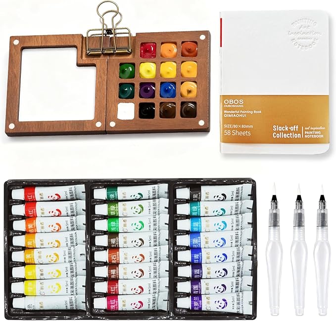 Mini Watercolor Paint Set Portable, Travel Grid Paint Palette Box with Binder Clips Include 24 Colours, Brush*3 and Picture Album Art Materials Coloring Markers for Travel, Creative Drawing Kit for Beginners and Art Enthusiasts