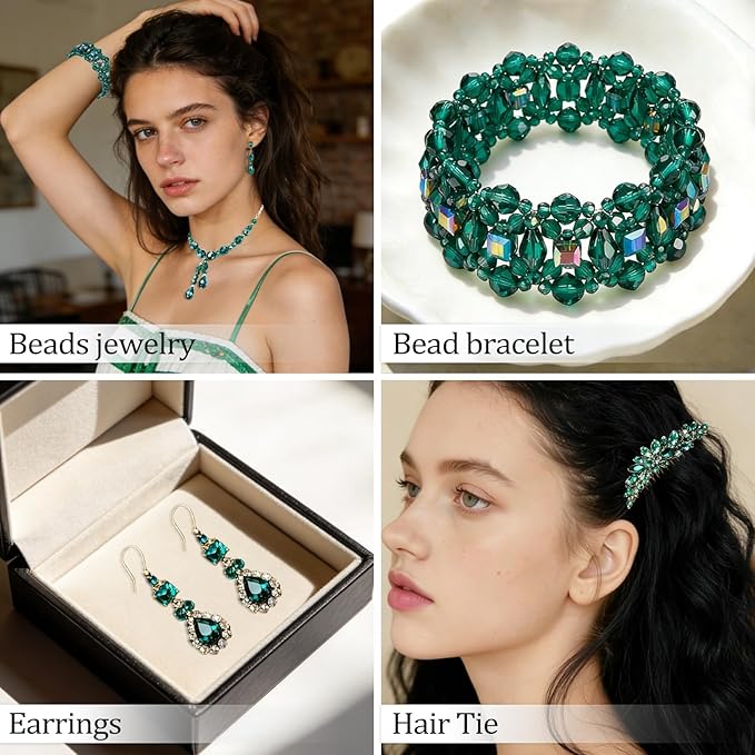 Song Xi 1500PCS Glass Beads for Jewelry Making, Assorted Faceted Crystal Beads Kit for Bracelet Earring Necklace, for DIY Clear and Iridescent St. Patrick's Day Gift (AB Peacock Green) ﻿ ﻿