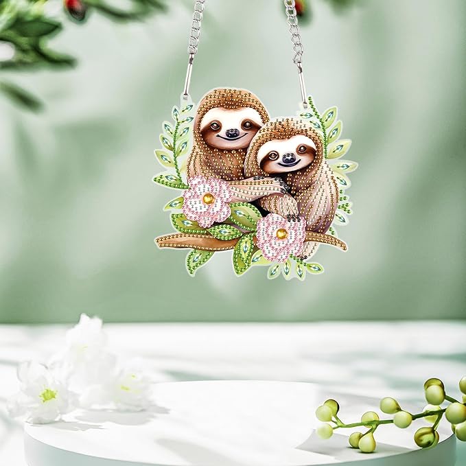 AiYuanzsh Diamond Art Painting Pendant Kits Animal 5D Diamond Painting Art Hanging Kit Cute Brown Sloth DIY Diamond Crystal Window Pendant Kit for Adults Gift Wall Home Decoration