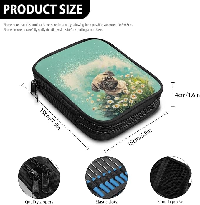 Hechitok Bulldog Floral Crochet Hook Case, Zipper Storage Organizer Bag with Web Pockets for Crochet Needles/Knitting Accessories/Crochet Hook Kit Tools Easy to Hold