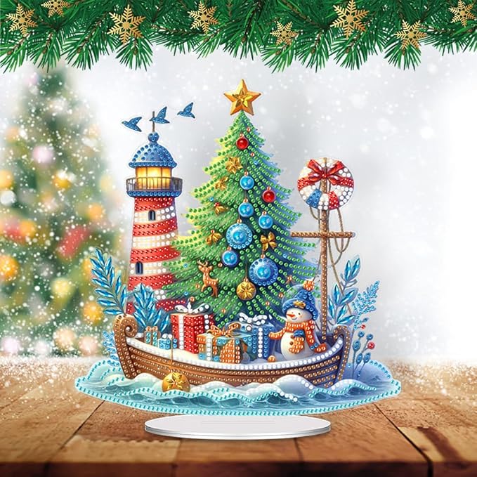 LAKEQUILL Christmas Tree Diamond Art Painting Kits for Adults,5D Xmas Boat Stand Up Tabletop Ornament for Home Office Desk Decor, DIY Diamond Art Gifts for Women, Men, Complete Tools Included