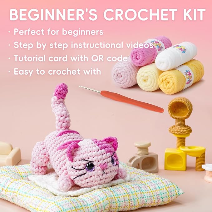 LUDOTEK Crochet Kit for Beginners, Crochet Animal Kits,Crocheting Kit for Starters with Step-by-Step Video Tutorials, Beginner Crochet Kits for Adults(3 Pack cat)