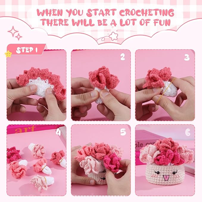 Hssugi Crochet Kit for Beginners, 6PCS Crochet Starter Kit, Potted Plant Coasters Crochet Kit with Step-by-Step Video Tutorials, Crochet Hooks, Learn to Crochet Kits for Adult Beginners