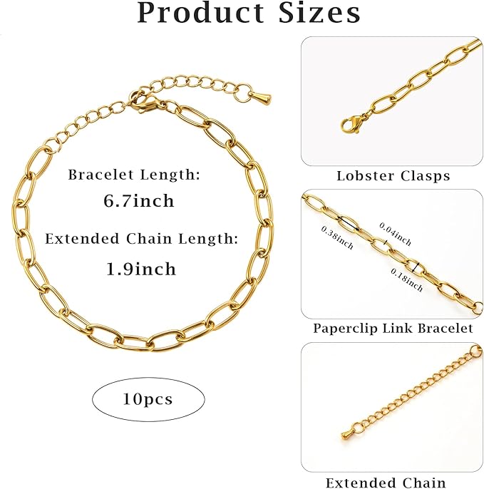 KYUNHOO 10pcs 6.7 Inches Gold Plated Paperclip Chain for Bracelet Making Stainless Steel Jewelry Supplies for Bracelet DIY with Lobster Clasps and Chain Extension