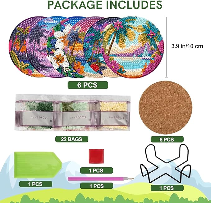 EWJRNSF 6 PCS Small Diamond Art Coasters Kits, Diamond Painting Coasters, Fall Diamond Art Kits for Adults Beginners, Arts and Crafts Item Sets with Holder for Drinks. Ocean Beach