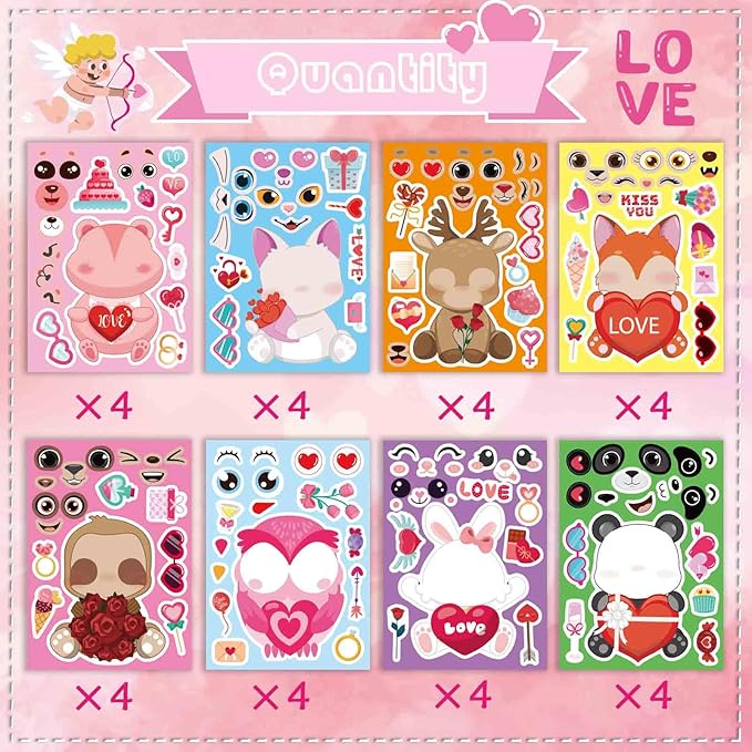 32 sheets valentine stickers for kids, valentine's day make a face stickers, make your own stickers 8 designs of animal owl rabbit bear stickers for boys girls
