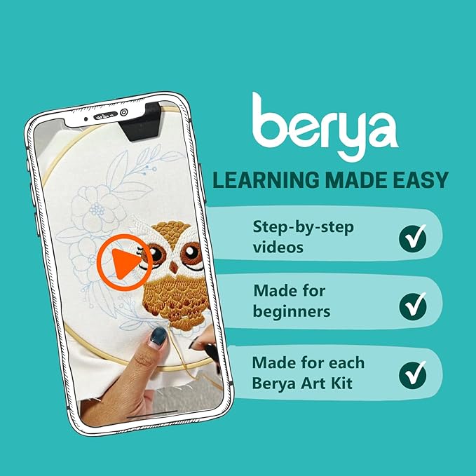 BERYA Owl Embroidery Kit, Embroidery Kit for Adult, Owl Pattern Practice Kit, Including Video Step by Step Instructions, Embroidery Hoop, Cloth, Needles and Thread for DIY Craft Lover (BEO013)