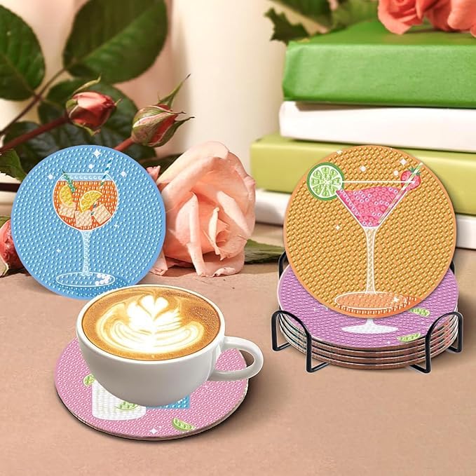 8Pcs Diamond Painting Coasters with Holder,DIY Cocktail Life Coaster Diamond Art Kits for Adults,Beginners Round Full Drill Diamond Art Craft Supplies