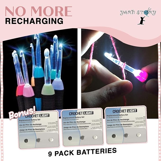 Yarn Story™ Light Up Crochet Hook Set 9/pkg - 9 Pcs Lighted Crochet Hooks Complete Set with 9 Extra Batteries - LED Lighted Crochet Hook Kit - Lite Crochet Set Sizes 2.5 to 6.5mm (Red with Batteries)