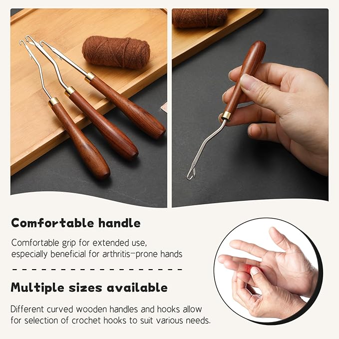 Giwrmu Latch Hook Tool, 3 Pcs Wooden Bent Latch Hooks, Crochet Hooks for Hair, Latch Hook Crochet Needle for Crochet Rug, Micro Braids, Hair Extension, Carpet Crafts