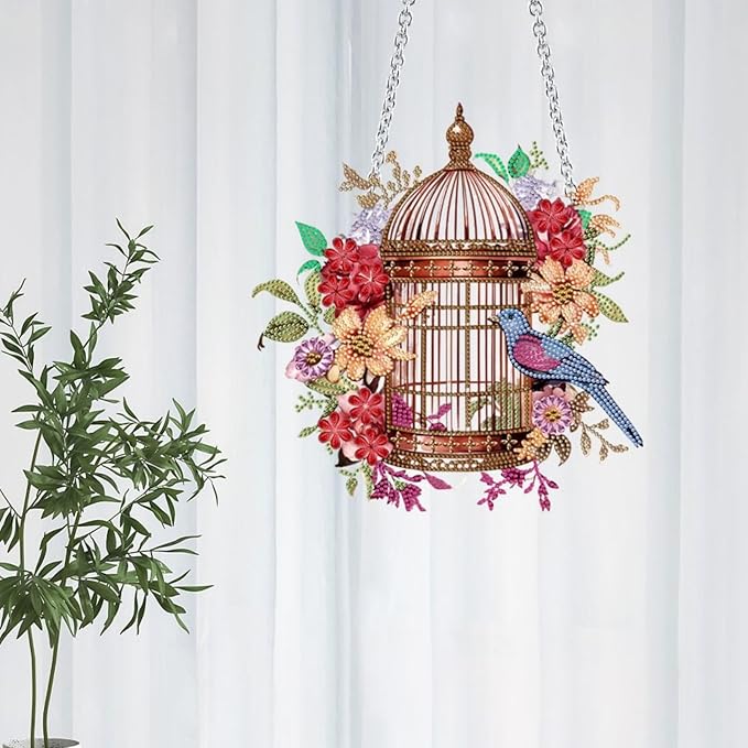 Flower Birdcage Design DIY Diamond Art Painting Wreath Kits Special Shaped Rhinestone Diamond Art Window Pendants Home Garden Wall Hanging Kits (Single Side Point Drill) (#11-Cat) (#03-Bird)