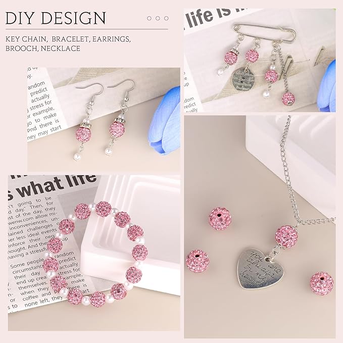 200 pcs pink rhinestone beads for jewelry making, sparkle crystal clay christmas for bracelet baseball necklace earring crafting and diy, shiny round shamballa disco ball beads bulk