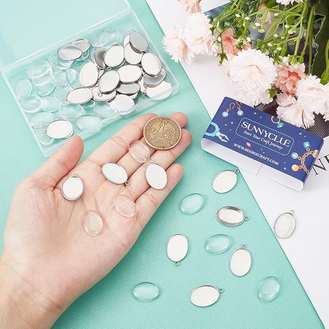 SUNNYCLUE 1 Box 80Pcs Bezel Trays Oval Pendant Tray Set Stainless Steel Pendant Blanks Photo Charm Cabochon Settings Blank Bezel Charms with Glass Cabochons for Jewelry Making DIY Findings