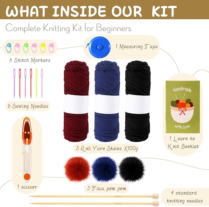Syhood Knitting Kits for Beginners Adults Hat Knit Kit with Yarn, Bamboo Needles, Faux Pom Practical and Easy to Use Complete Beginners for Women and Men Lovely Present (Black, Burgundy, Navy Blue)