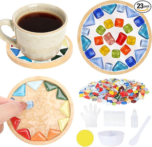 SAYAYA 4 Sets DIY Glass Mosaic Tiles for Crafts Mosaic Crafts Kit with Bamboo Coaster for Adults Glass Coasters Crafts Set for Handmade Home Christmas Halloween Birthday Decoration Gift (Round Set)
