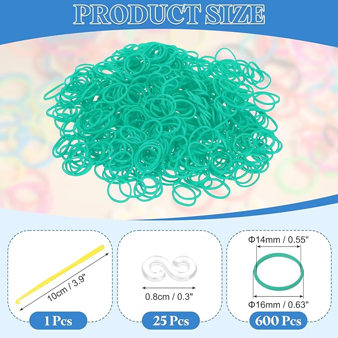uxcell 600Pcs Loom Rubber Band, Bracelet Making Refill Kit Elastic Loom Band with 25Pcs S-Clips and 1Pcs Crochet Hooks for Weaving DIY Handcrafts, Light Green