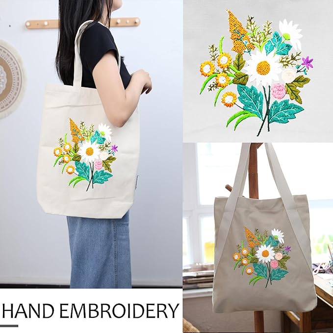 CREAWONDER Canvas Tote Bag Embroidery Kit with Pattern for Beginners, Arts and DIY Embroidery Crafts Kits for Adults, Include Instructions, Thimble, Embroidery Hoops, Color Threads and Tool