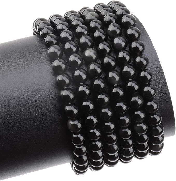 LPBeads 200Pcs Polished 6mm Round Natural Black Obsidian Gemstone Loose Beads with Stretch Cord for Jewelry Making Bracelets
