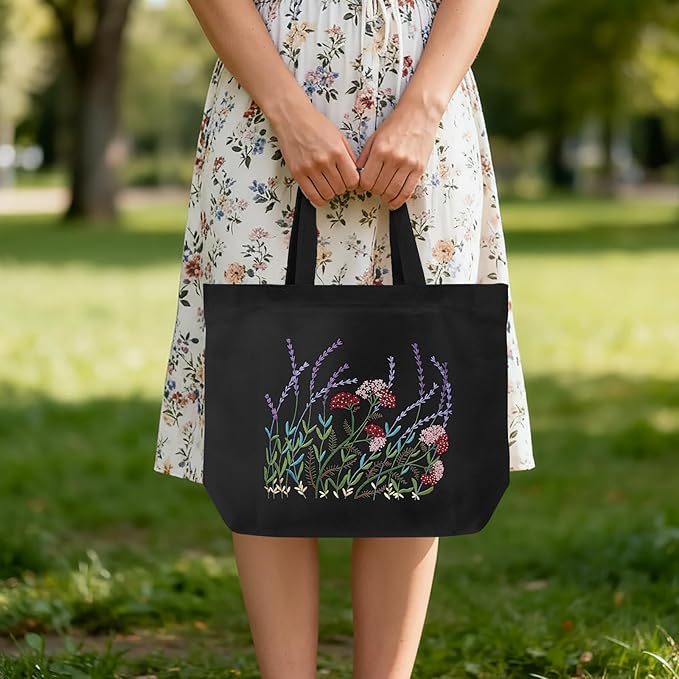 ERKOON Canvas Tote Bag Embroidery Kit for Beginners, Floral Arts Crafts Cross Stitch Kits for Adults Including Stamped Embroidery Bag with Hoops, Needle, Instruction and Color Threads (Lavender)