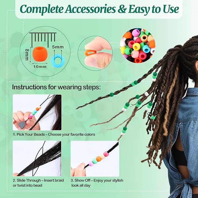 AD Beads 216PCS 6x9mm Soft Pony Silicone Beads for stylehair, Green Series with 80 Elastic Bands, Tool and Storage Box Kit for Braids, Bracelet, Crafts.